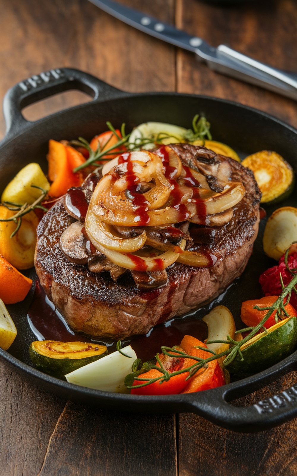 Cast-iron steak with caramelized onions and mushrooms on a rustic table.